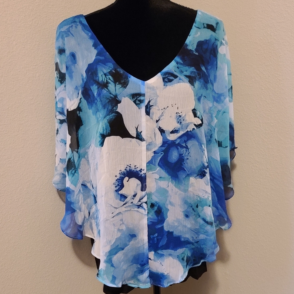 Alix Blue & Green Floral Poncho Top Sz 3X Like New!!